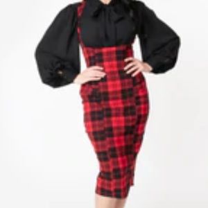 Unique Vintage red and black Fontaine suspenders pencil skirt
